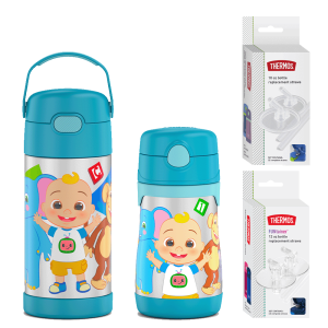Cocomelon 12oz Water Bottle & 10oz Water Bottle with Extra Straws Bundle